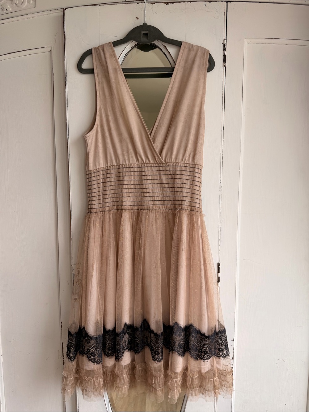 Sleeveless V-Neck Blush Tulle Dress with Black Lace Trim
